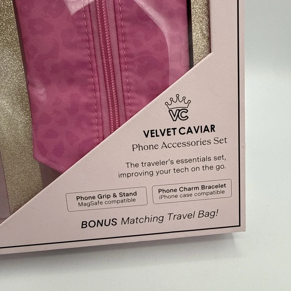 VELVET CAVIAR Phone Accessories Set Hot Pink Leopard Phone Grip Stand Travel Bag